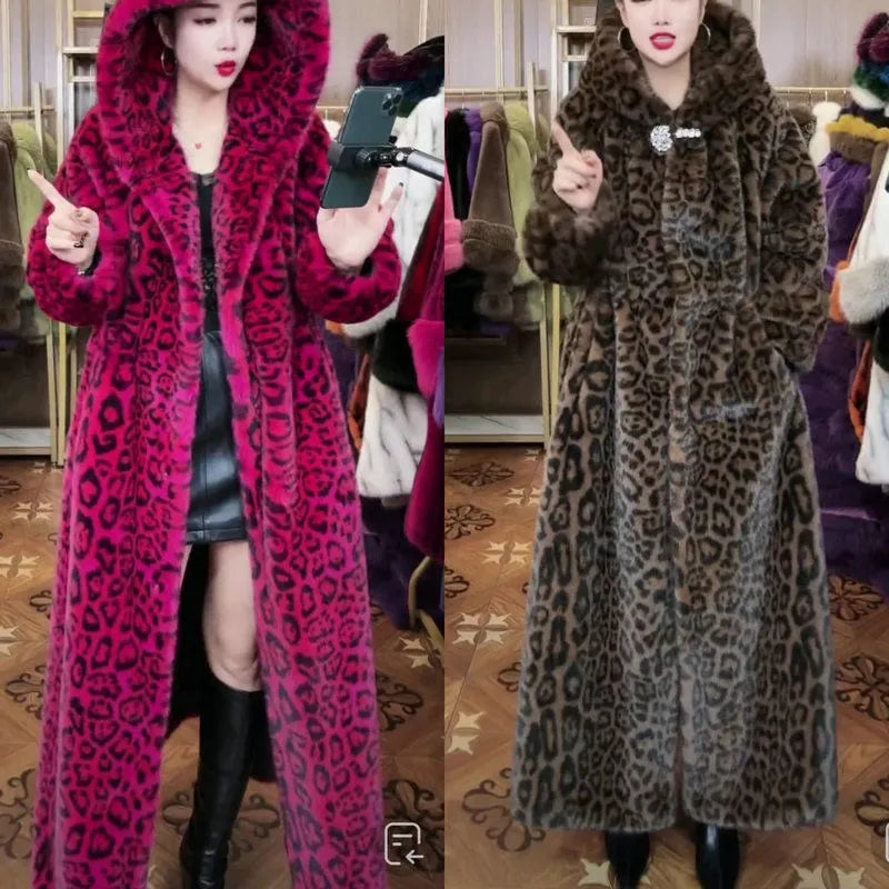 Women's loose plus size long faux fur coat in leopard print with 100cm length