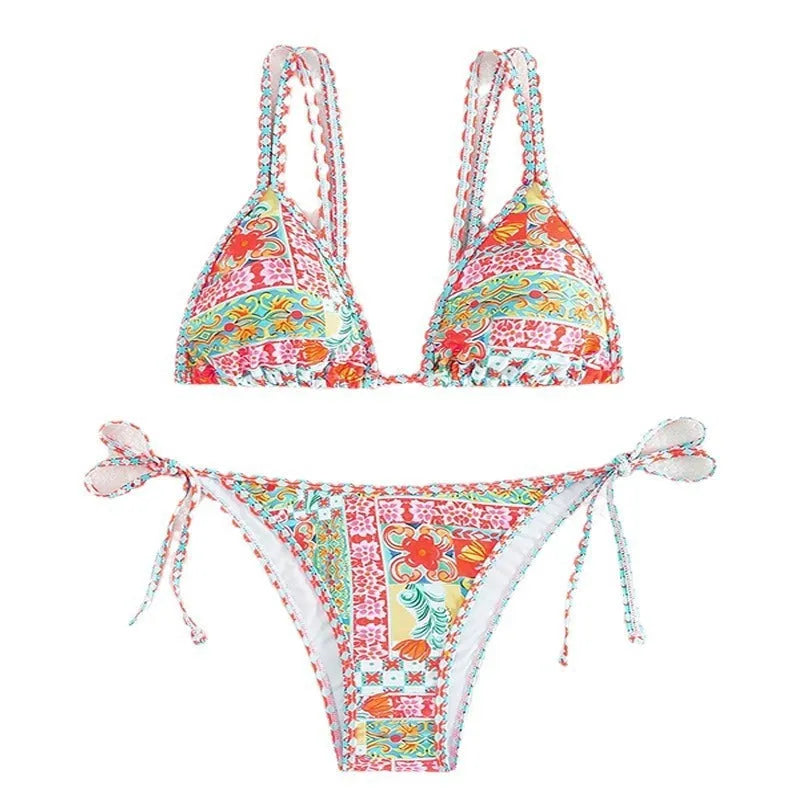 Women's lace-up split swimsuit with backless design and high-cut briefs in picture colour