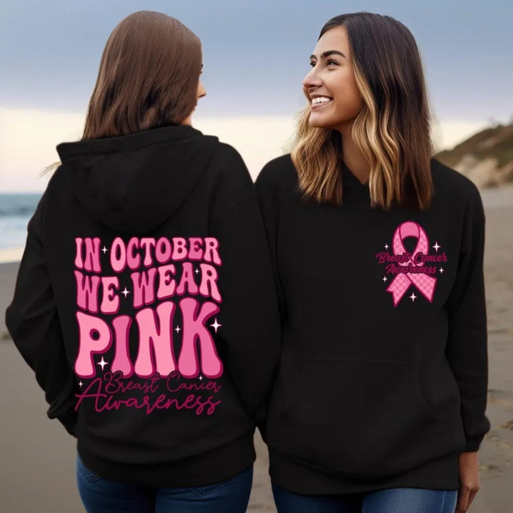 Breast Cancer Awareness hoodie with retro hot stamp design and side seam pocket in selected colour.