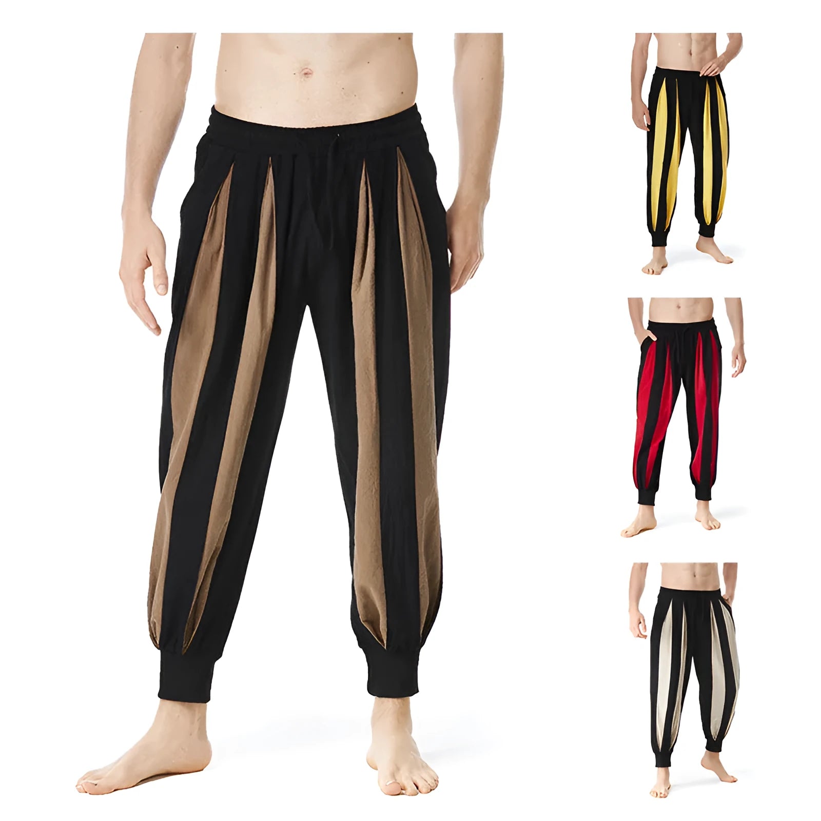 Men's brown straight-leg casual trousers made from polyester fabric for spring.