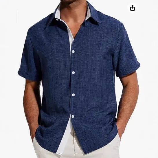 Men's short-sleeved floral print polyester shirt in grey on a hanger.
