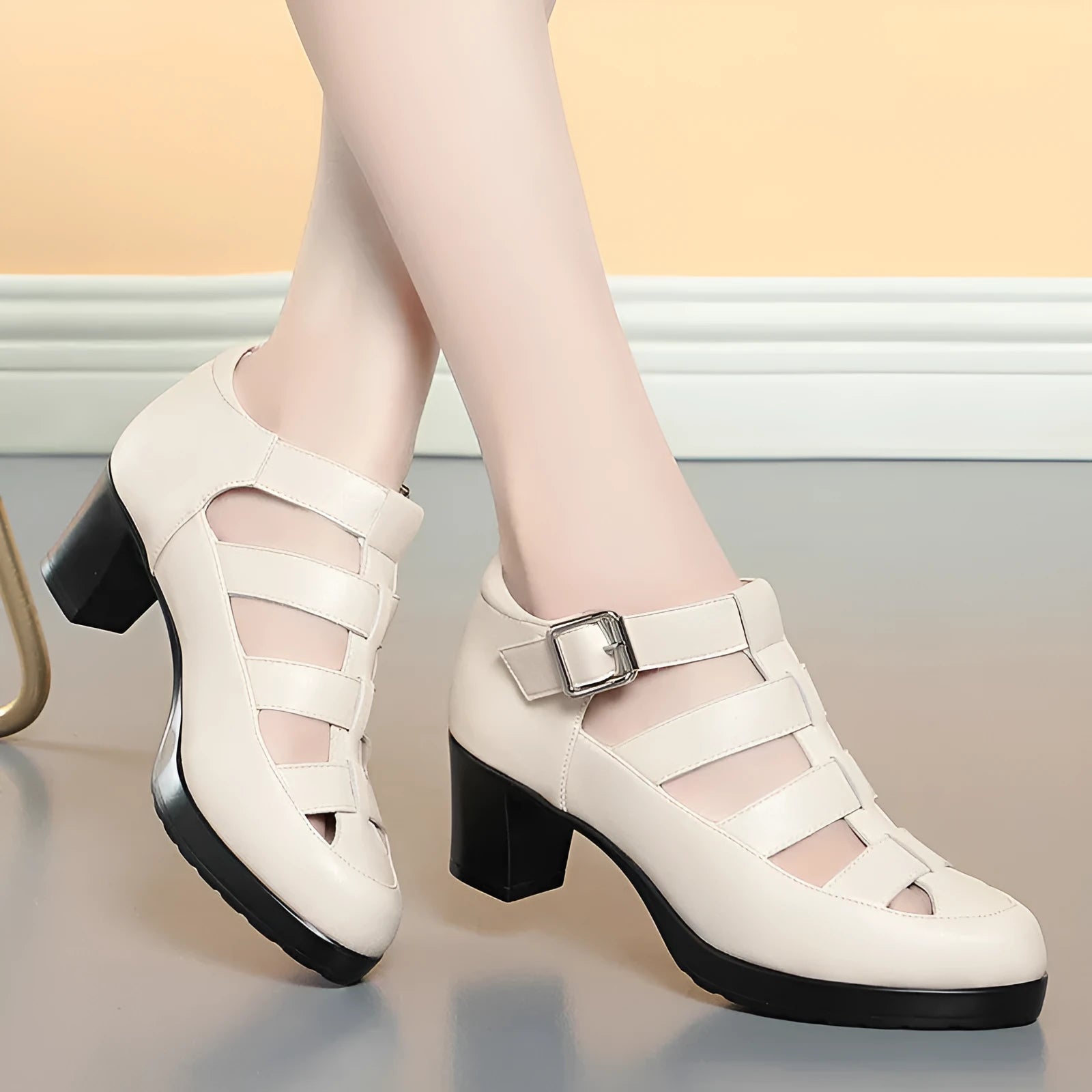 Women's beige closed toe sandals with chunky heel, woven hollowed design, and ankle-strap buckle