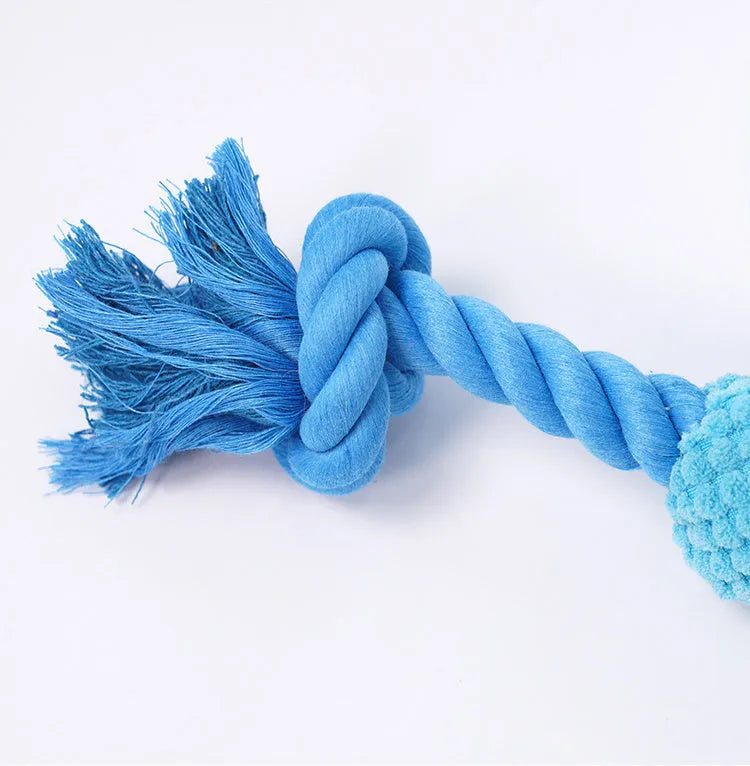 Blue TPR corn kernel dog toy in Fox shape with attached cotton rope tail
