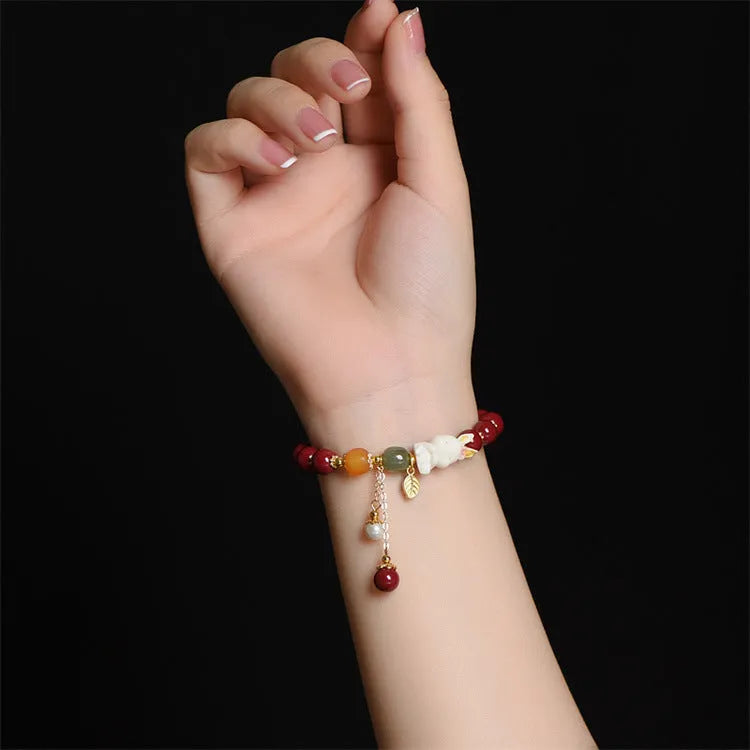 Natural cinnabar bracelet with rabbit charm in national style, purple-gold sand colour, 8mm or 10mm size option