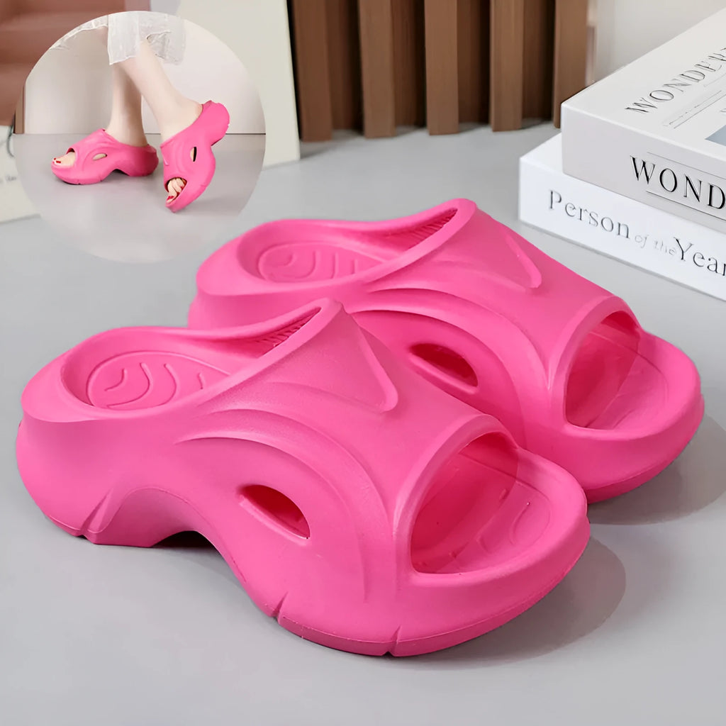 Women's EVA thick-soled slippers in white, black, and rose red colours with round toe design