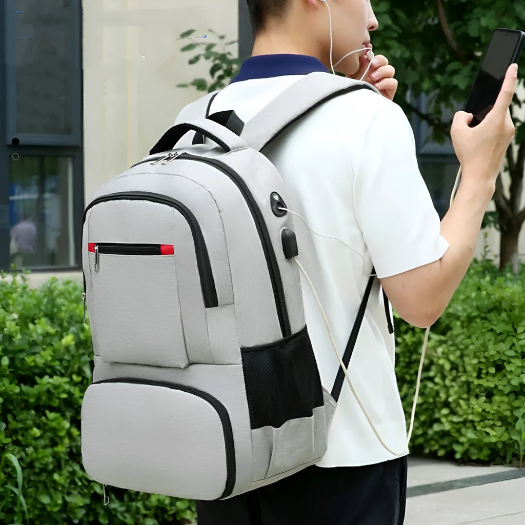 Oxford cloth insulated backpack with curved shoulder straps showing dry wet separation compartments and pull rod belt accessory