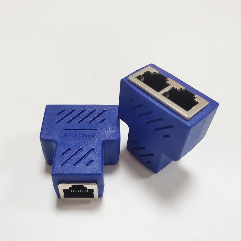 RJ45 network cable splitter adapter in multiple colours with three-way tee design