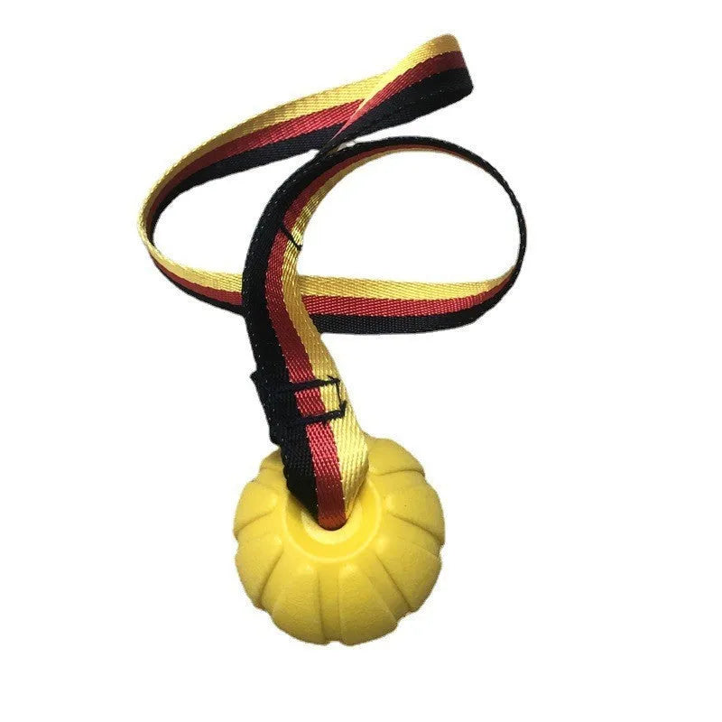 Yellow and camouflage EVA foam floating tetherball dog toys in 6.5cm, 7cm, and 9cm sizes.