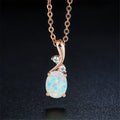 Water drop shaped opal pendant necklace on adjustable O-shaped chain in rose gold or white plating
