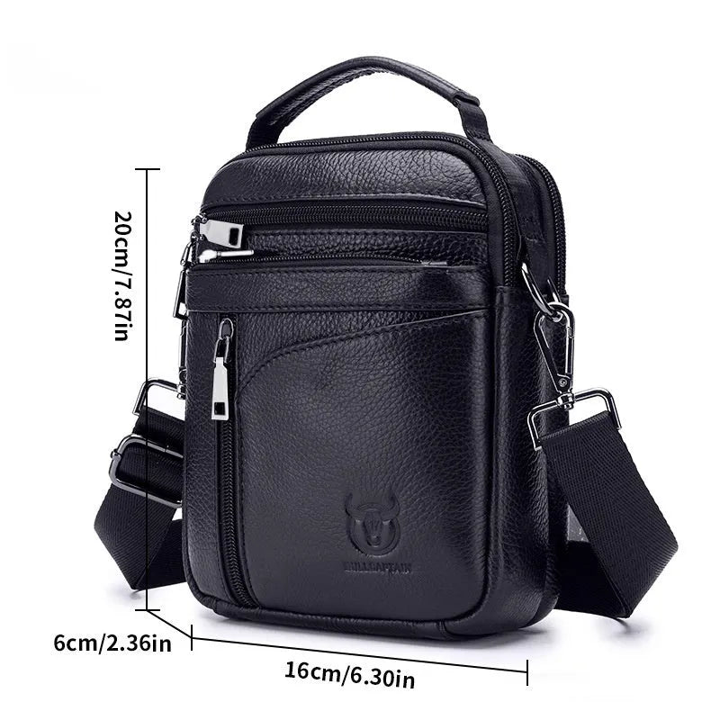 Men's black genuine leather shoulder messenger bag in a retro style.
