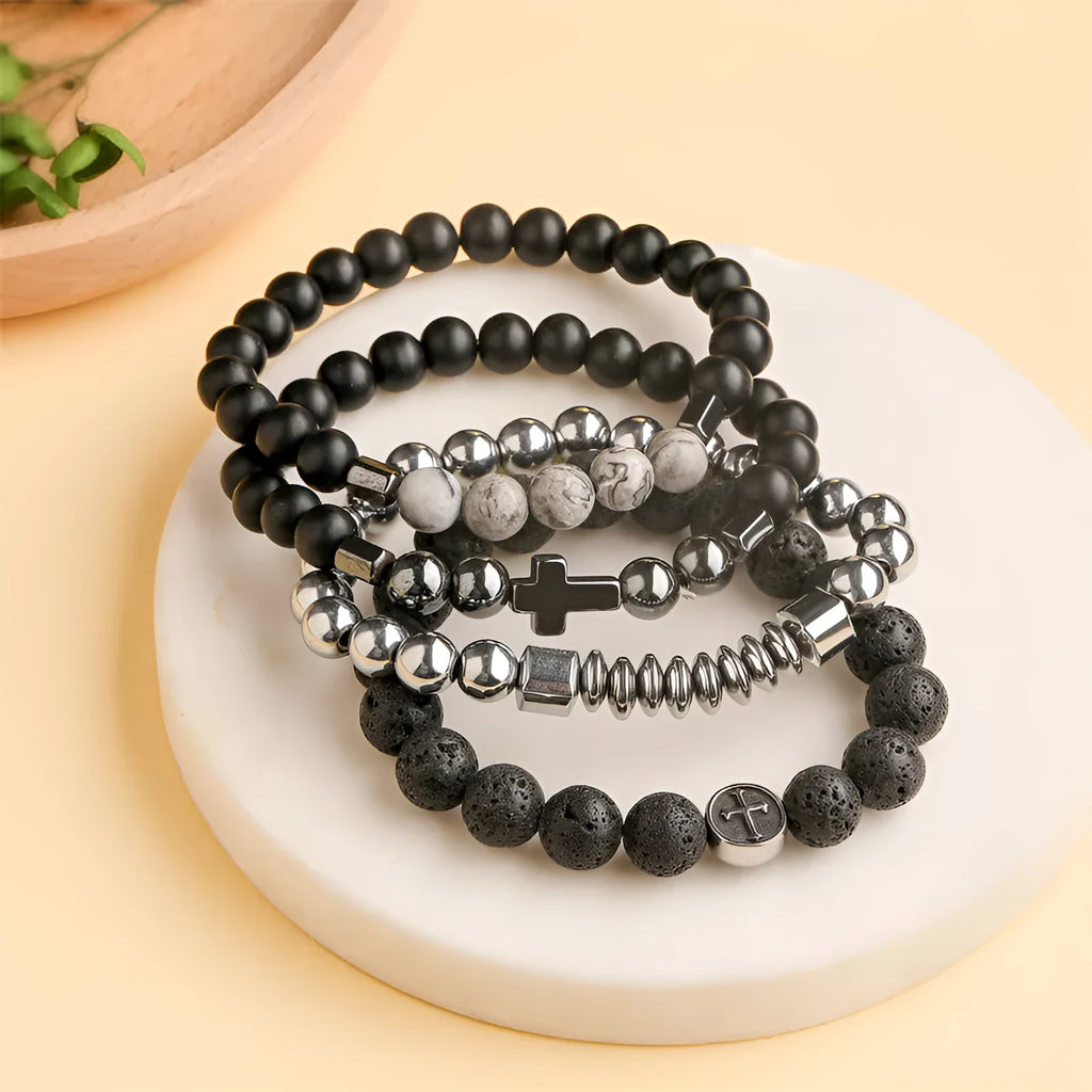 Geometric volcanic agate stone bracelet with 10mm beads and stainless steel clasp, showing natural lava-like patterning
