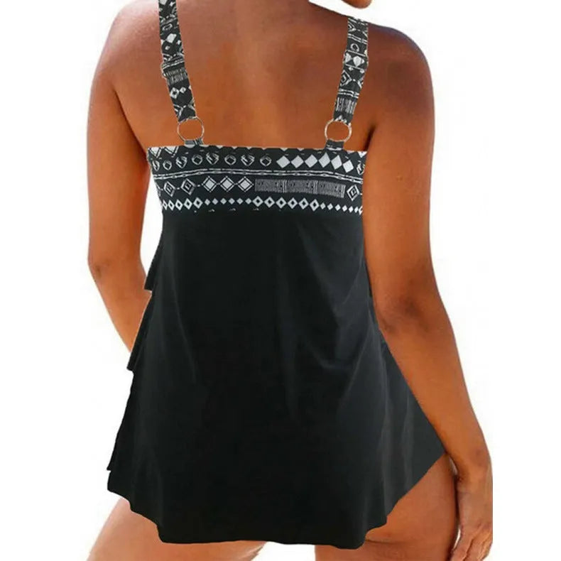 Women's plus-size split swimsuit with double shoulder straps and a bow detail in picture colour.