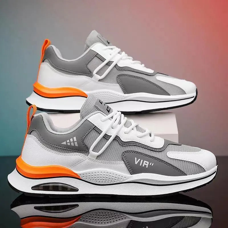 Men's gray mesh running shoes with EVA sole and round toe, shown from side view