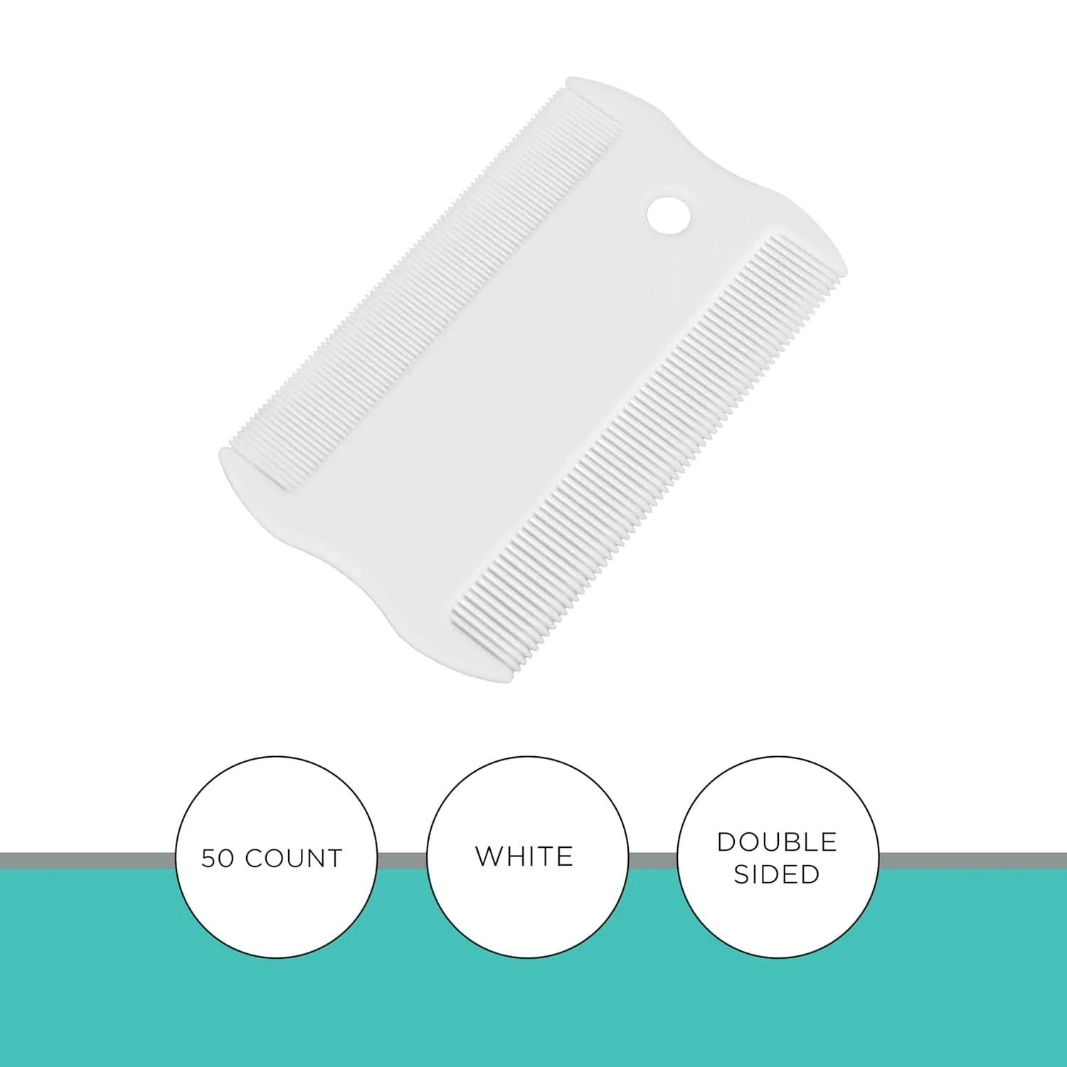 Small white plastic flea comb for pets with double-sided dense teeth, shown next to a ruler for scale.