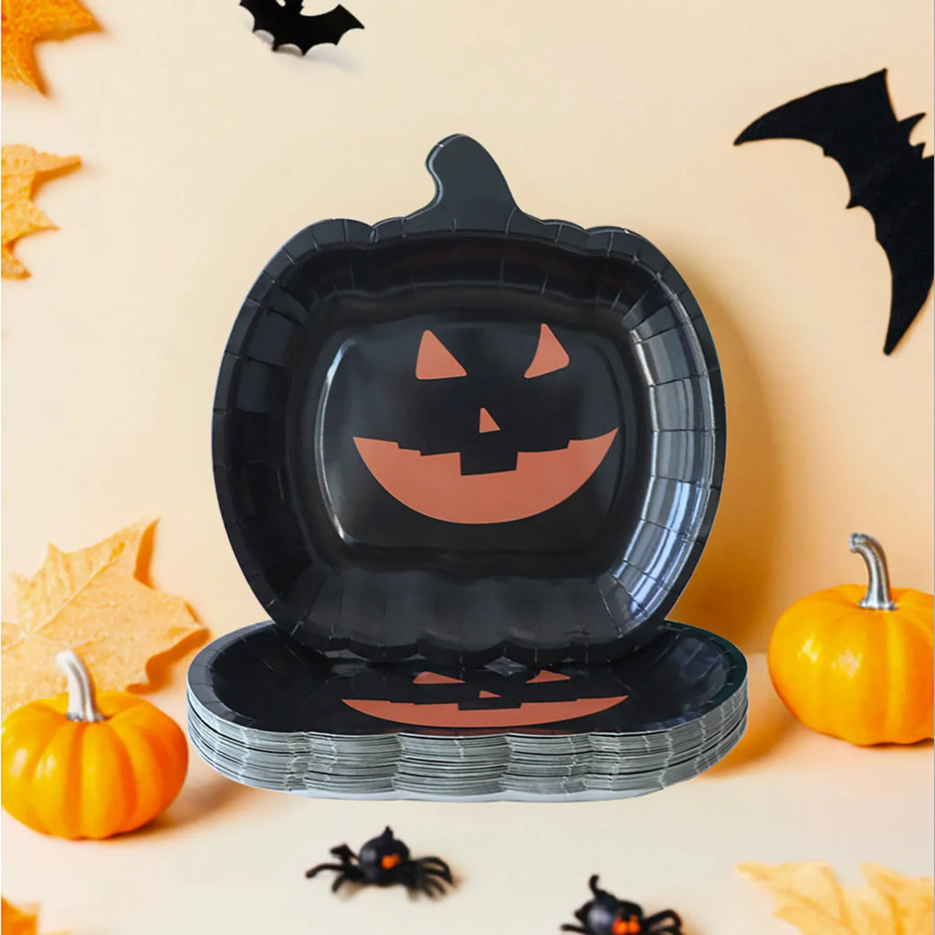 Black pumpkin design disposable paper plates for Halloween parties, 9-inch diameter