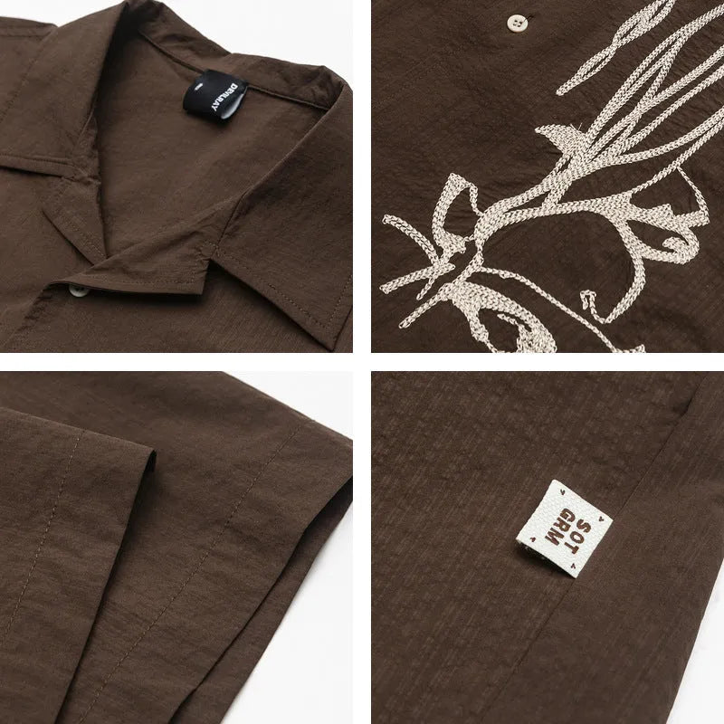 Brown striped Cuban collar short sleeve polyester shirt for outdoor casual wear