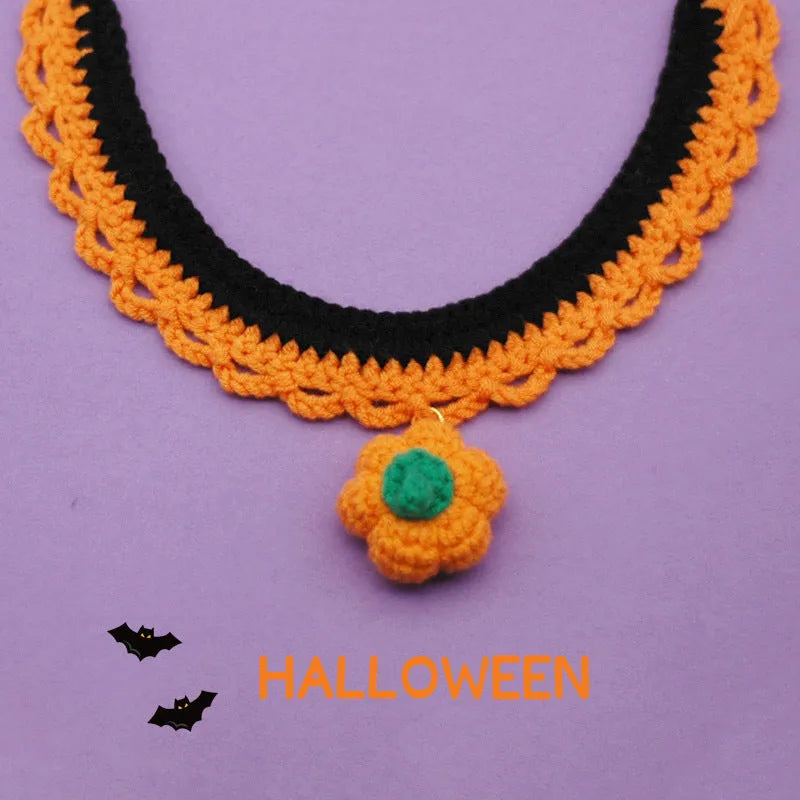 Hand crocheted wool Halloween pet collar with pumpkin design and bell in adjustable sizes for cats and dogs
