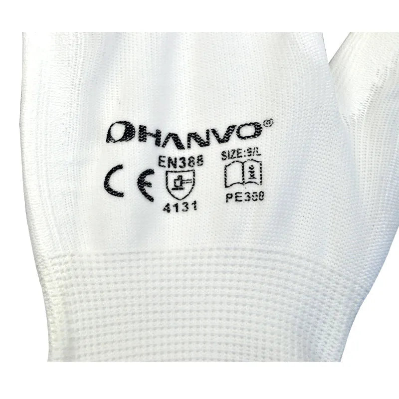 White PU coated labour gloves showing palm detail with wear-resistant coating and flexible construction