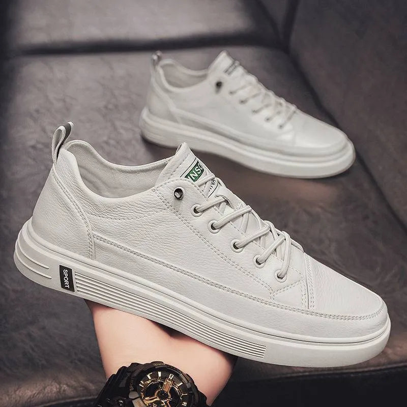 Men's white casual shoes with flat bottom and round toe design