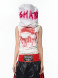 Black half turtleneck sleeveless T-shirt with character print in slim fit design