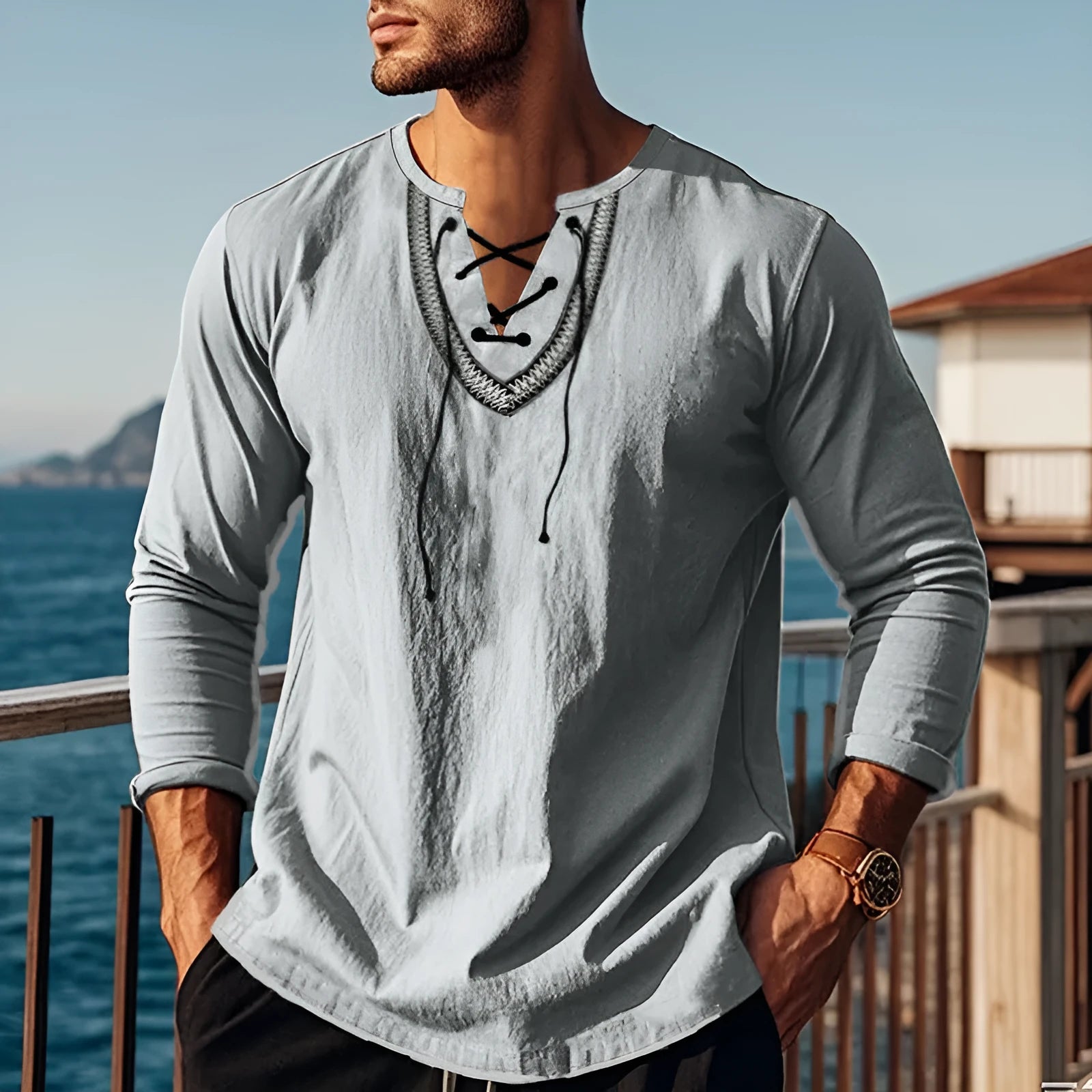 Men's cotton blend pullover shirt in retro ethnic colour block, navy blue colour, loose fit, long sleeves