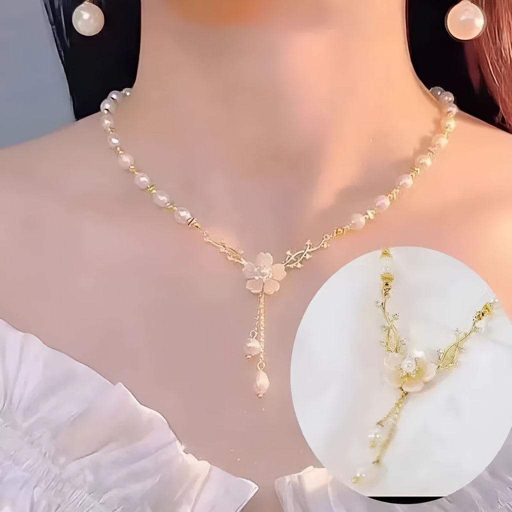 Women's alloy necklace with pearl chain and floral rose design pendant