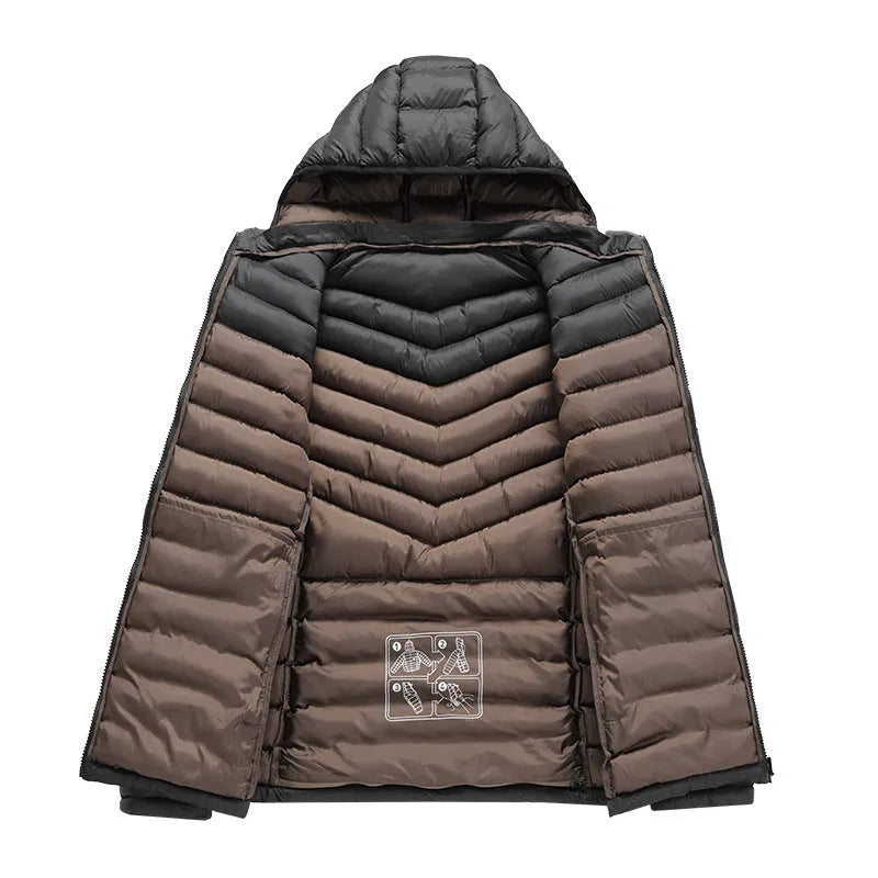 Men's lightweight down cotton-padded hooded jacket in cardigan style with detachable collar.