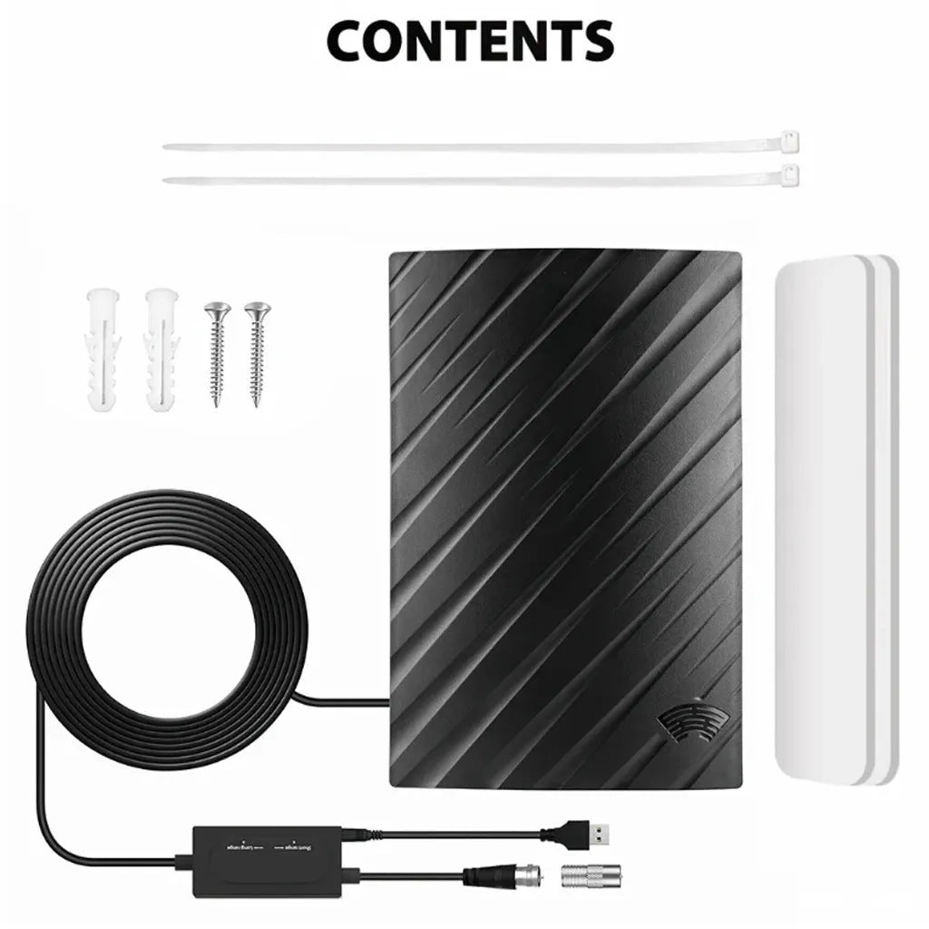 Black plastic indoor HD television antenna with mounting hardware including expansion tubes, screws, cable ties, and adhesive tape