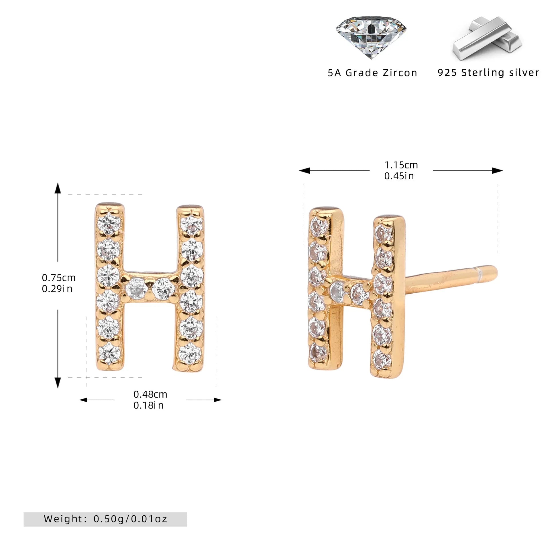 925 silver letter ear stud with electroplated gold finish, alphabet motif