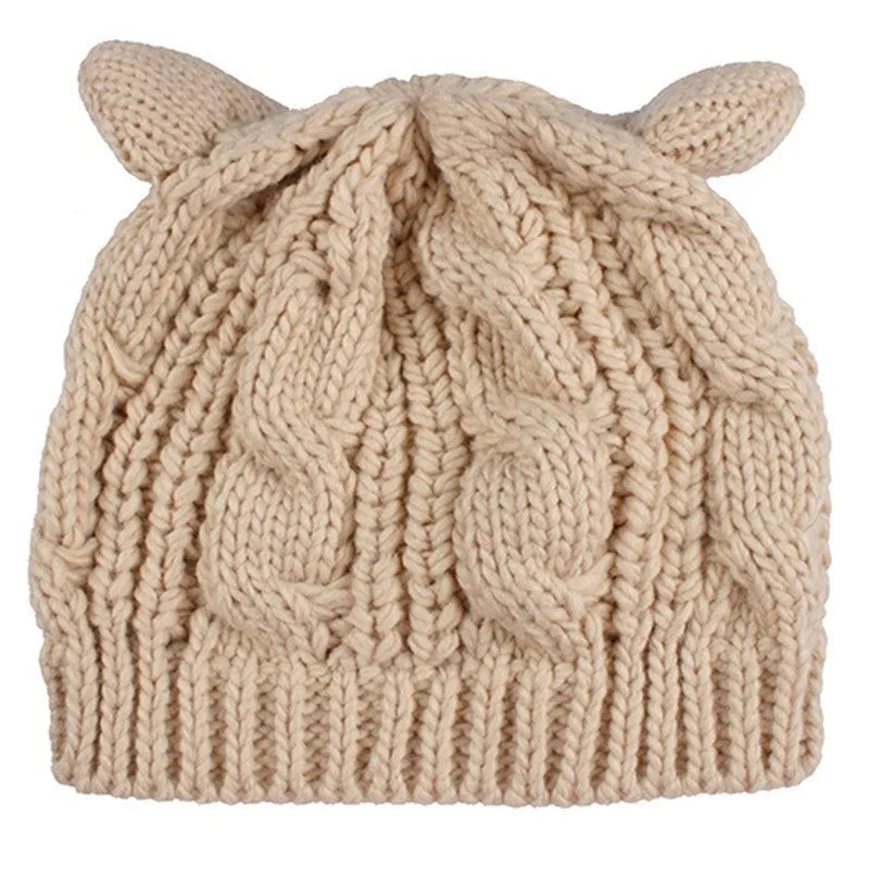 Hand made wool knitted beanie hat with 3D cat ears in multiple colours