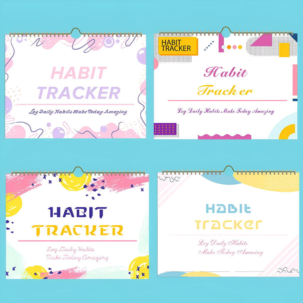 Habit tracking book with 12 pages showing colour options and 21x28cm size
