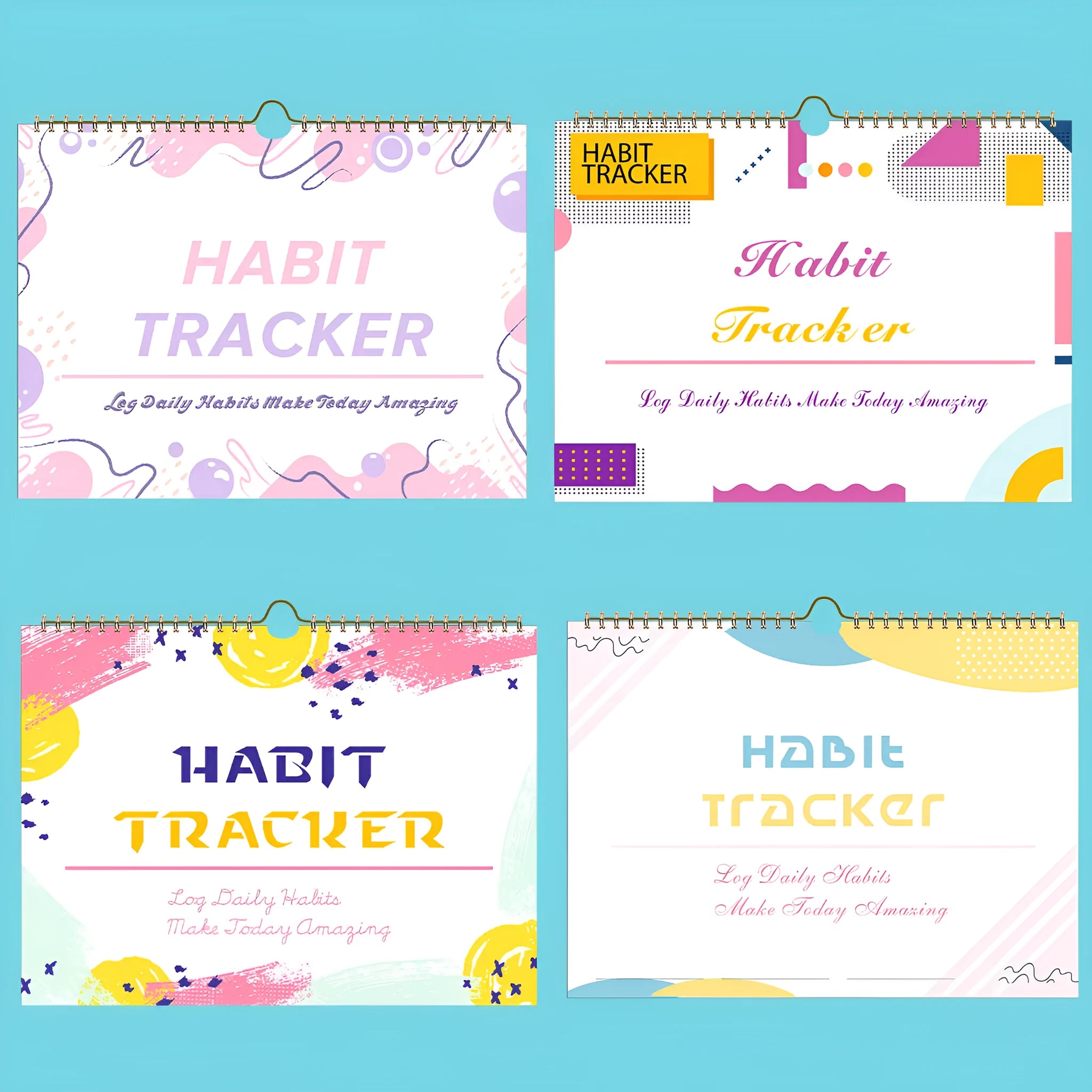 Habit tracking book with 12 pages showing colour options and 21x28cm size