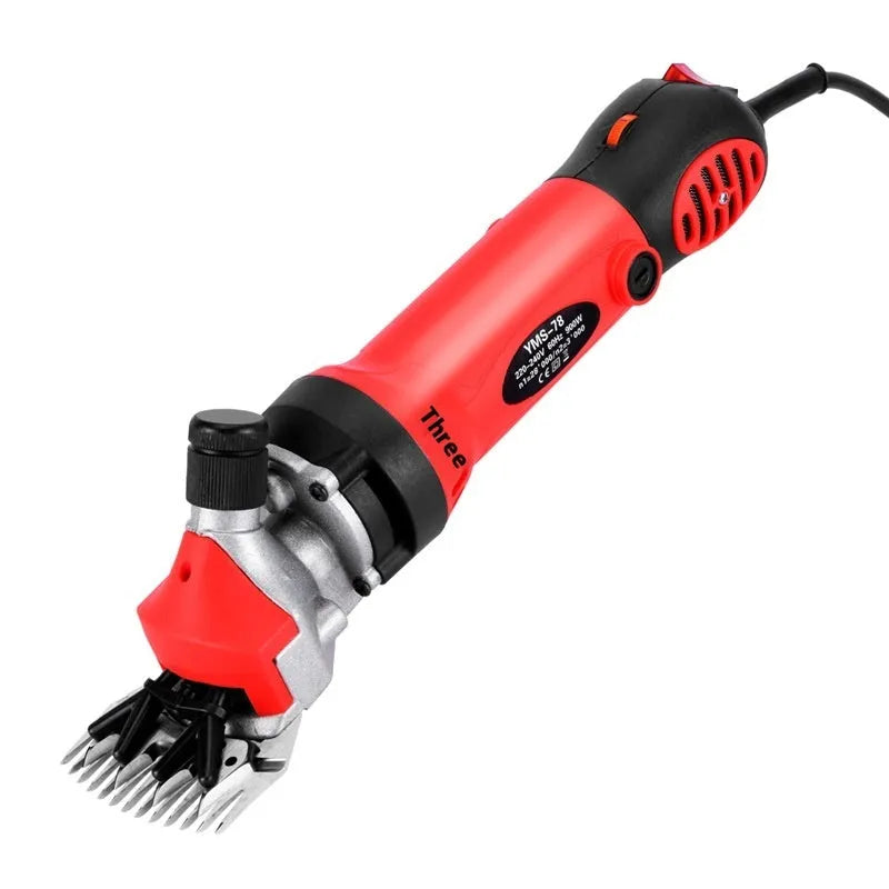 Yellow electric wool shearing machine with 110V plug and multiple blade attachments including straight and curved knives