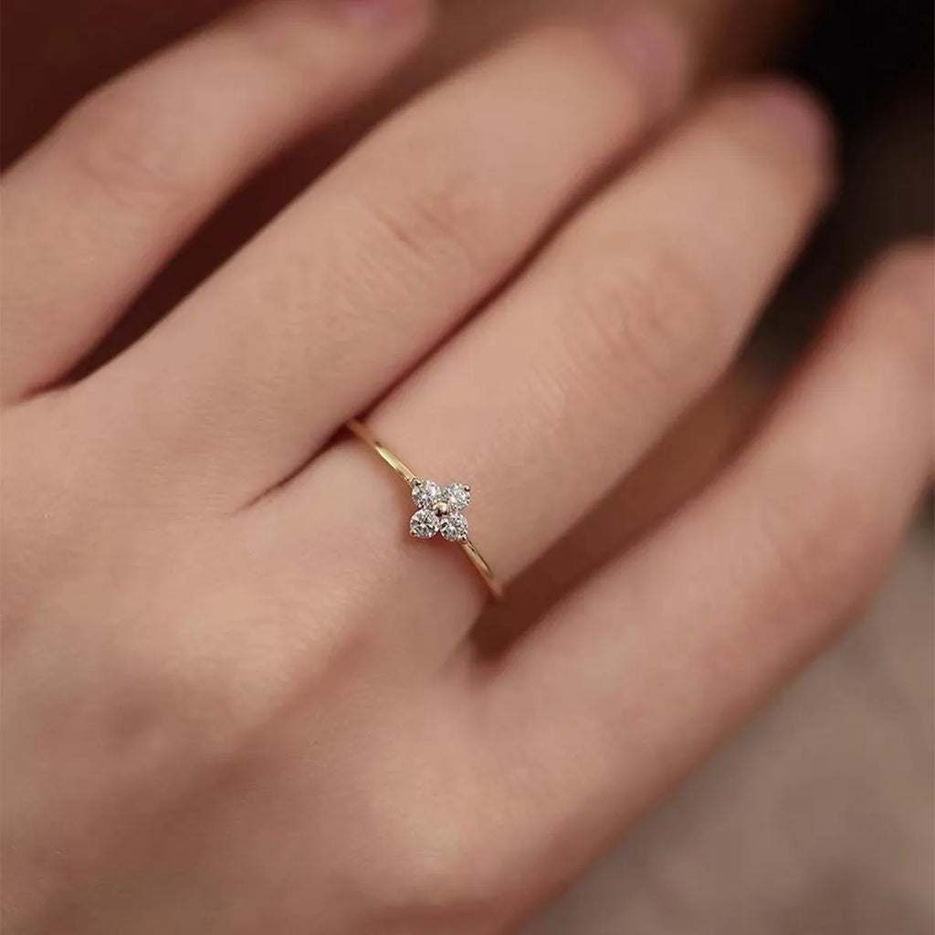 Four-leaf clover micro-inlaid zircon ring for women copper yellow gold colour