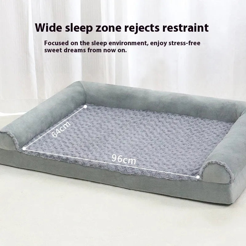 Grey cloth kennel for medium to large dogs showing three size options for indoor pet accommodation