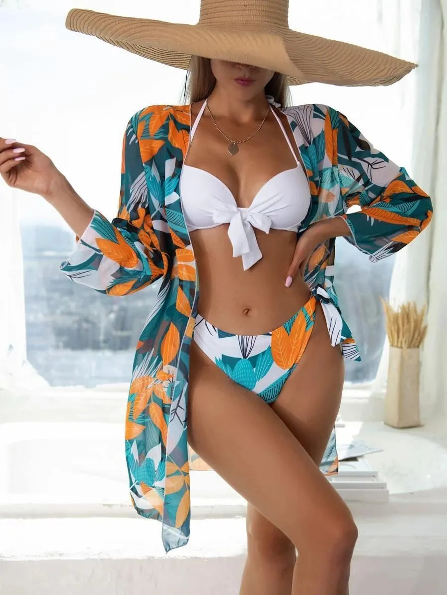 Women's three-piece mesh bikini swimsuit set in quick-dry fabric.