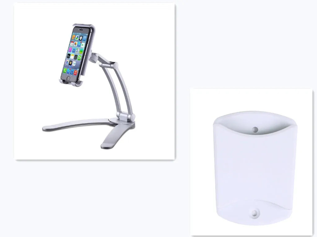 Silver aluminium alloy desktop tablet stand with adjustable white mount holding a tablet