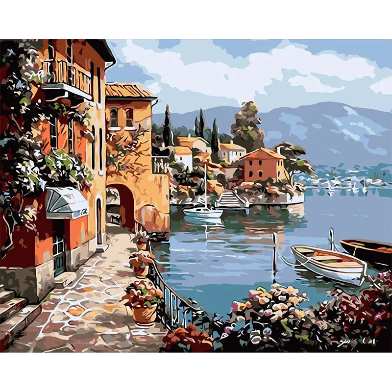 Hand-painted landscape oil painting on linen canvas with rimless modern frame, 40x50cm dimensions