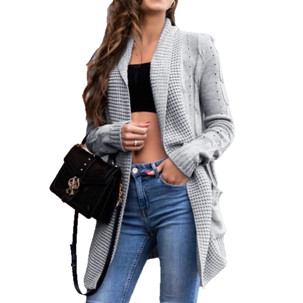 Grey women's loose-fit cardigan coat with long sleeves and pockets, made from thick viscose fibre.