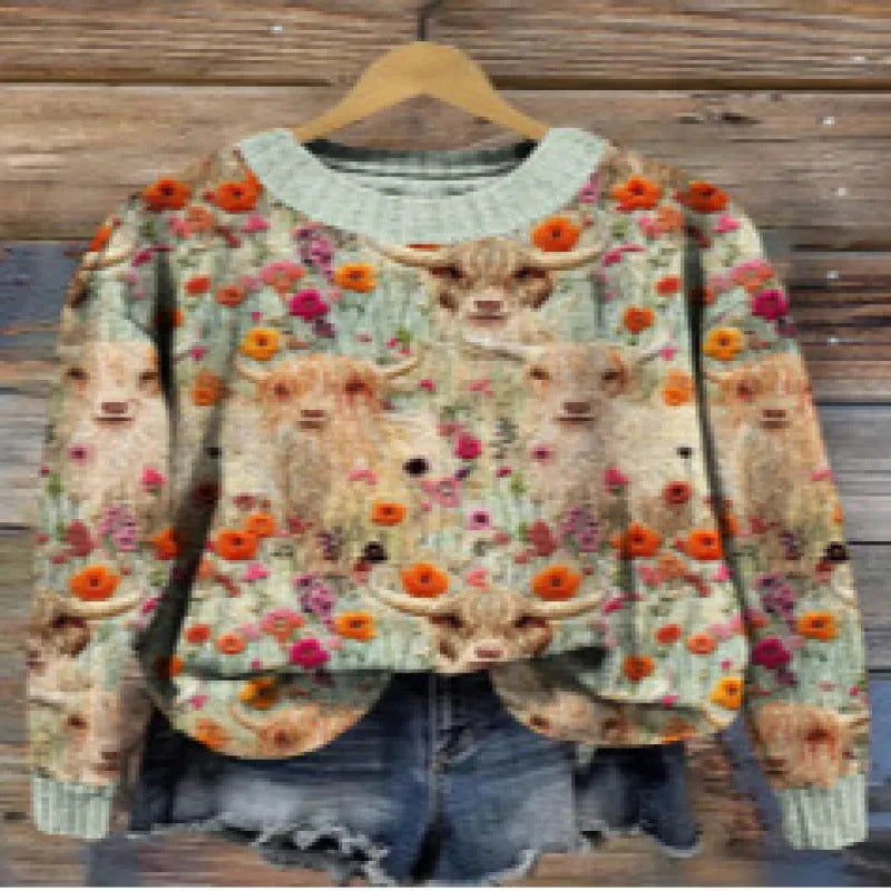 Little Flower digital printed floral pattern round neck polyester sweater shown in multiple colour options