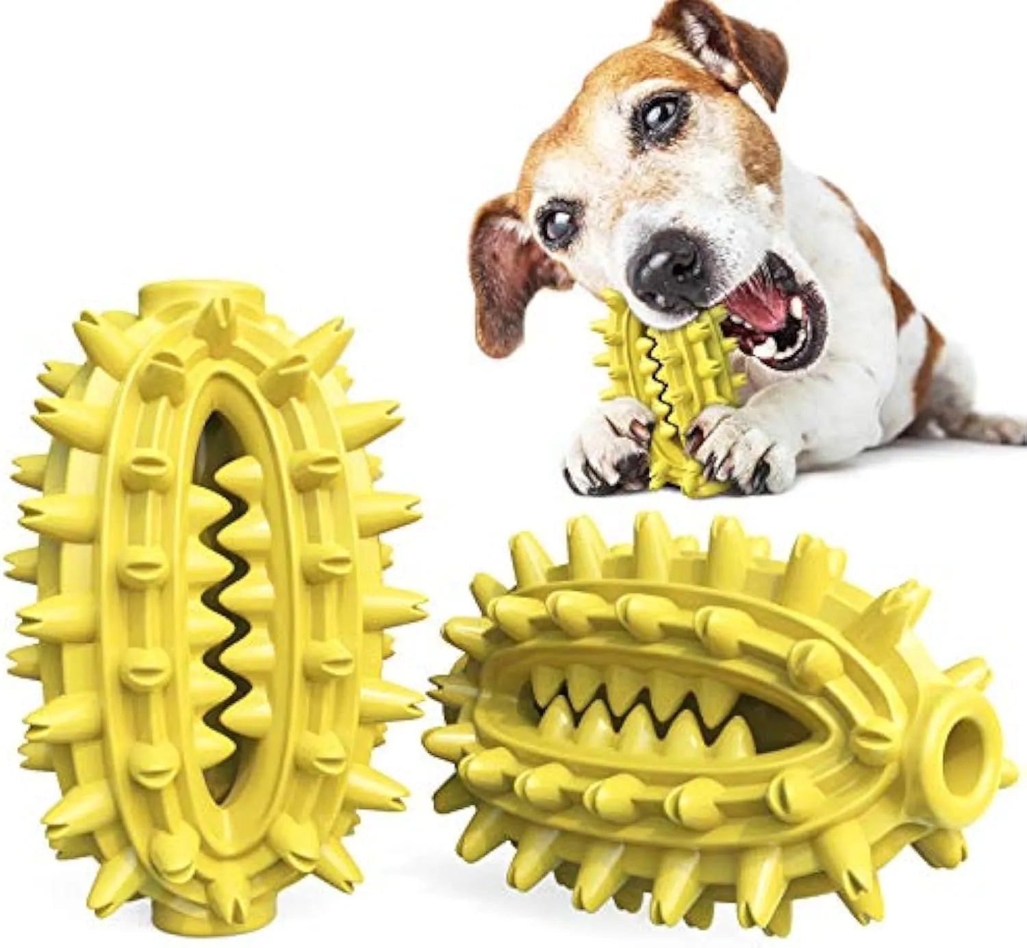 Green and yellow cactus-shaped dog toothbrush toy for aggressive chewers with dental cleaning bumps