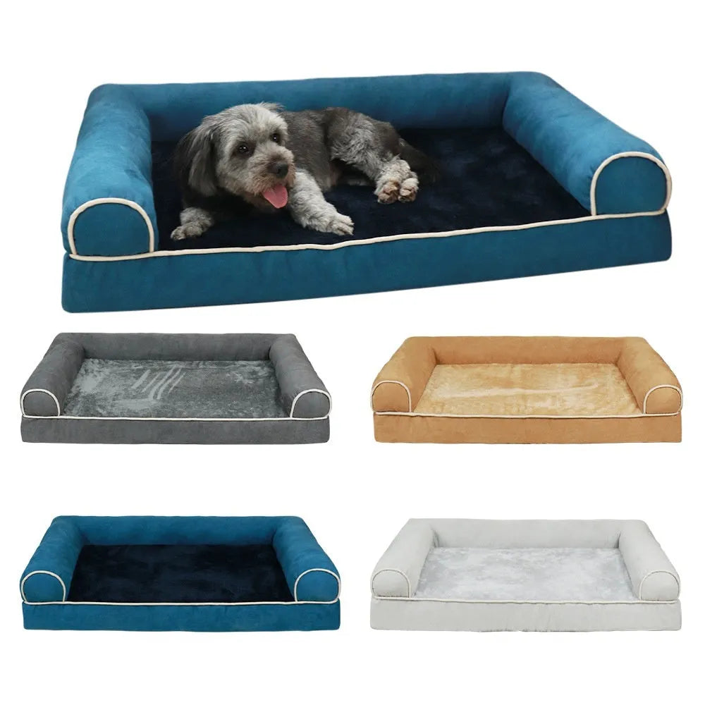 Square blue cloth dog bed with sponge fill on a wooden floor