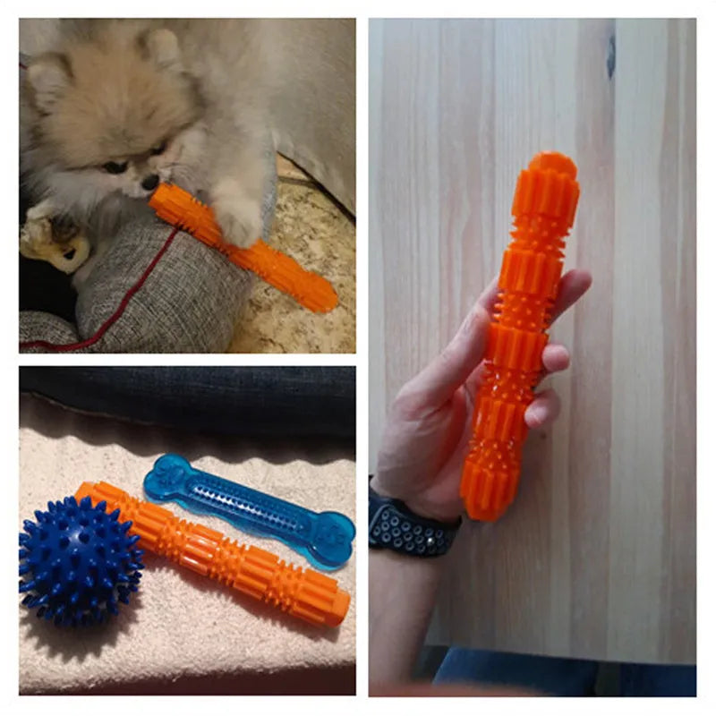 Green and orange natural rubber dog chew toy with treat holes and squeaker for small to medium aggressive chewers.