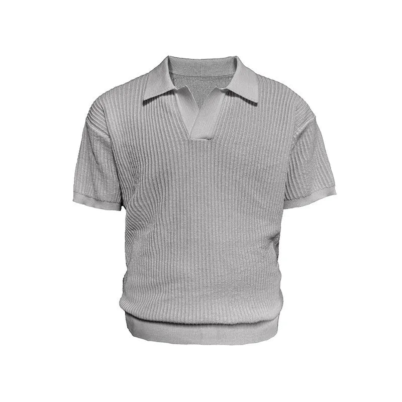 Business style polo shirt with stripes in ice silk breathable fabric, available in creamy-white, black, and grey colours