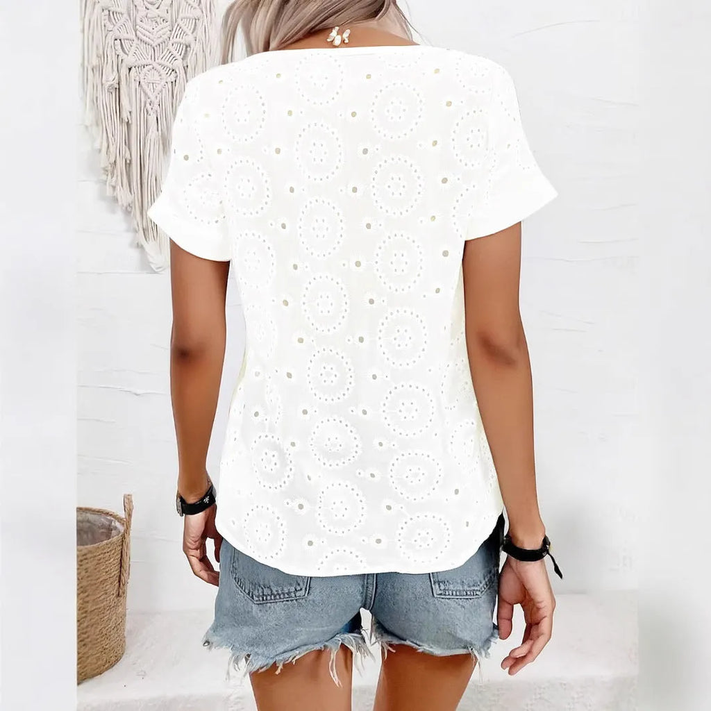 White women's V-neck T-shirt with hollow out detail and short sleeves in loose fit style