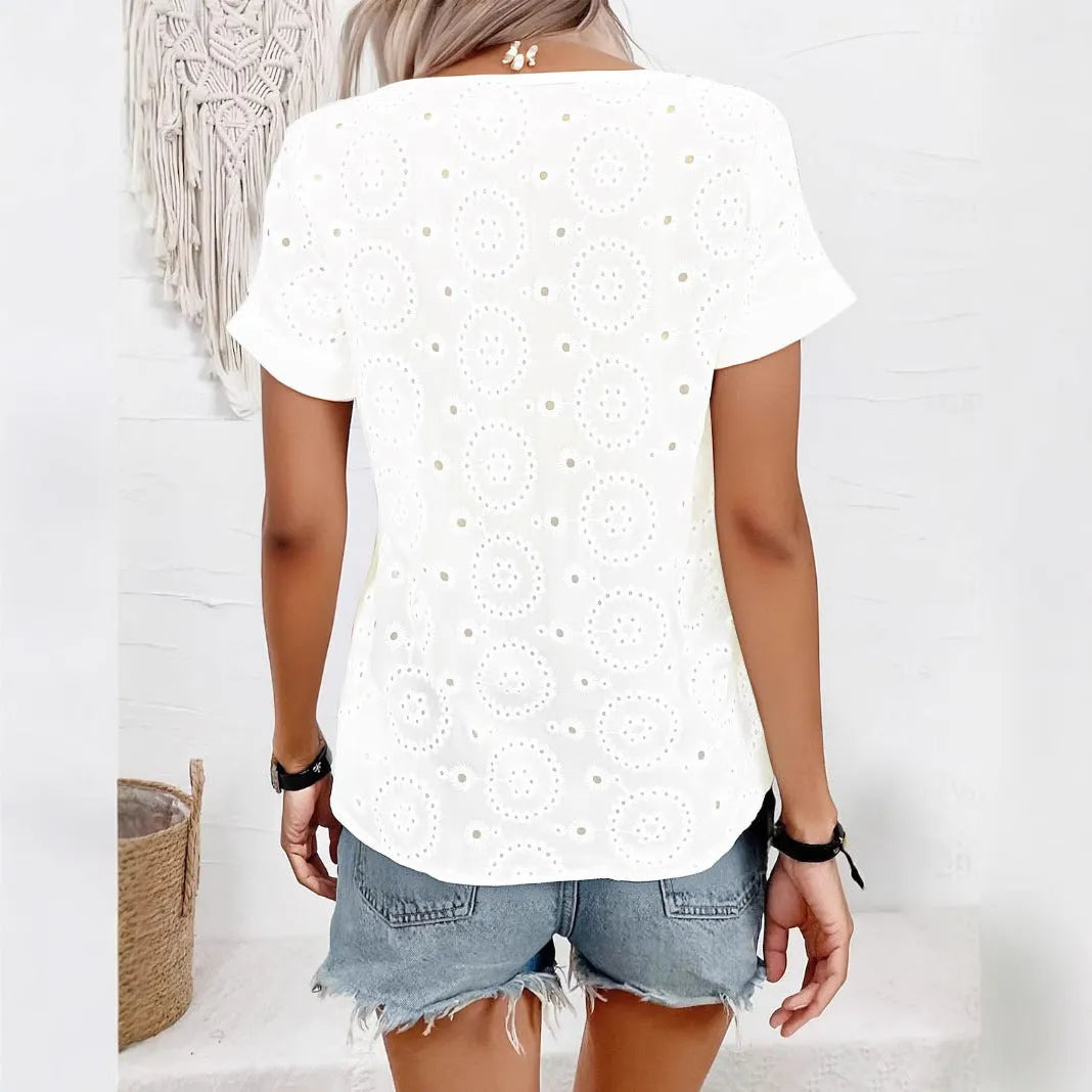 White women's V-neck T-shirt with hollow out detail and short sleeves in loose fit style