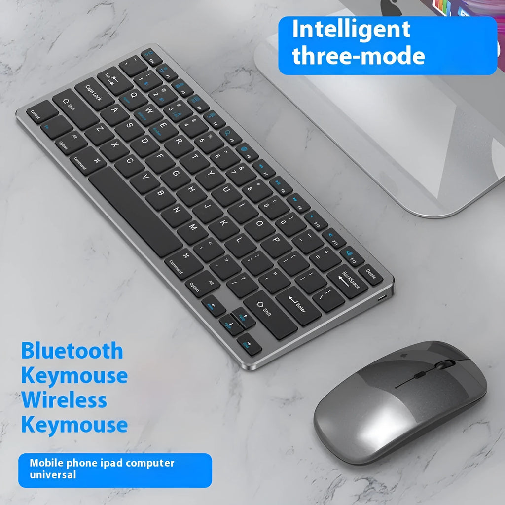 Ultra-thin wireless keyboard and silent mouse set in black with Bluetooth 5.0 and 2.4GHz connectivity options