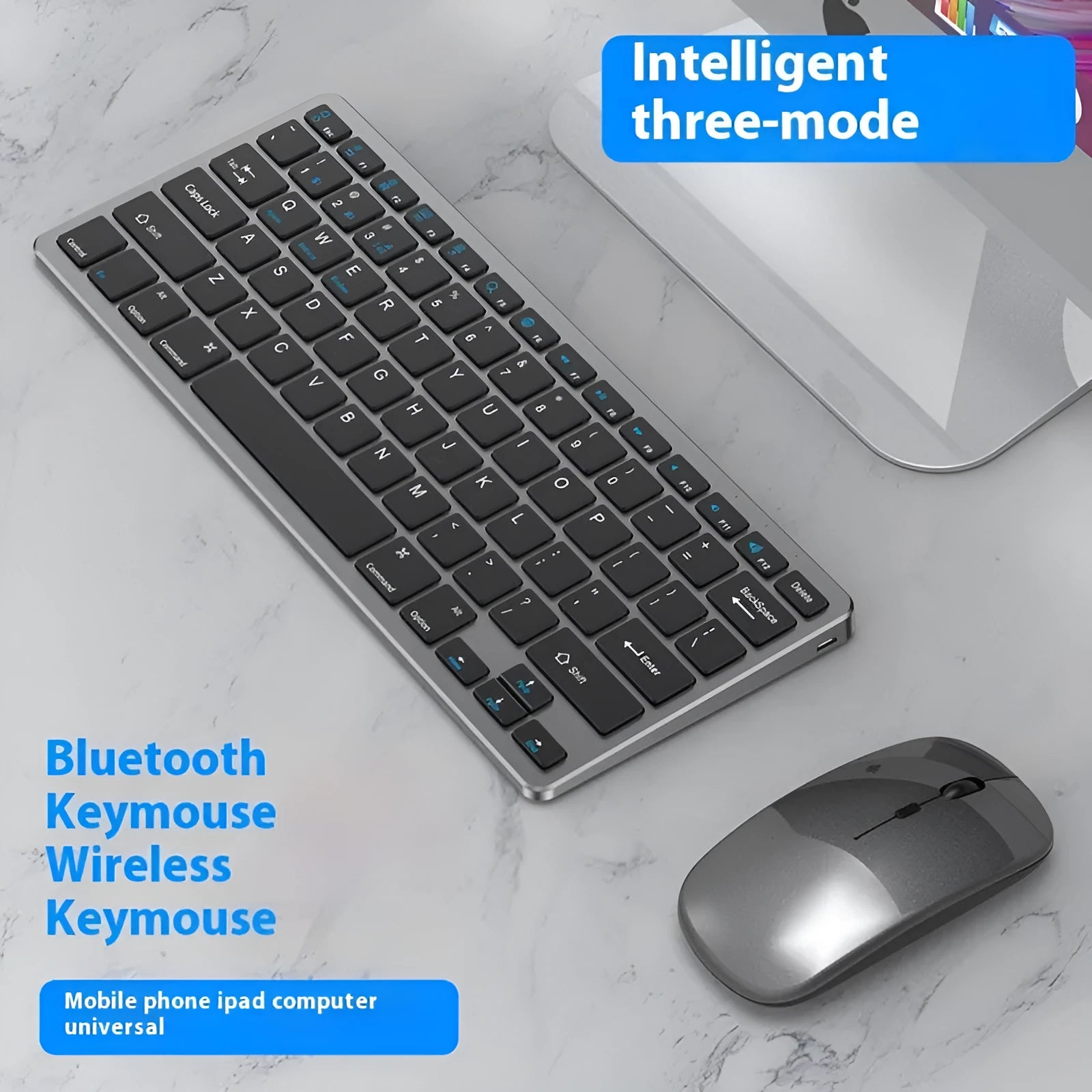 Ultra-thin wireless keyboard and silent mouse set in black with Bluetooth 5.0 and 2.4GHz connectivity options