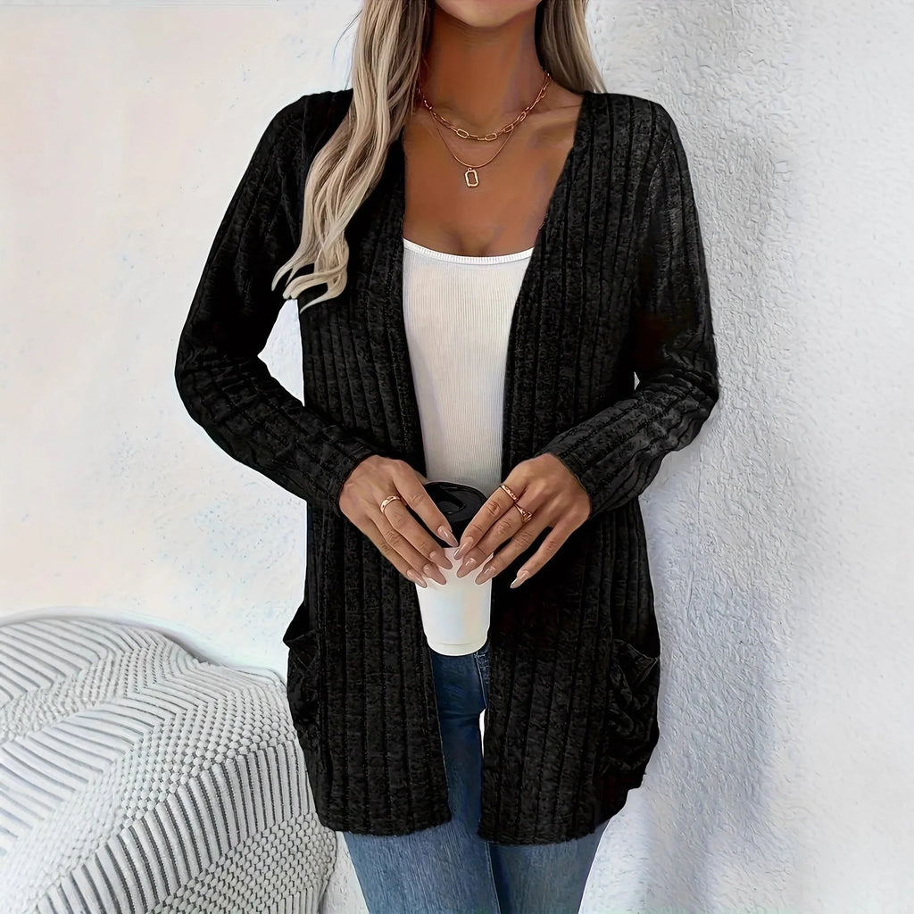 Solid colour long sleeve loose fit cardigan in black or grandmother grey colours