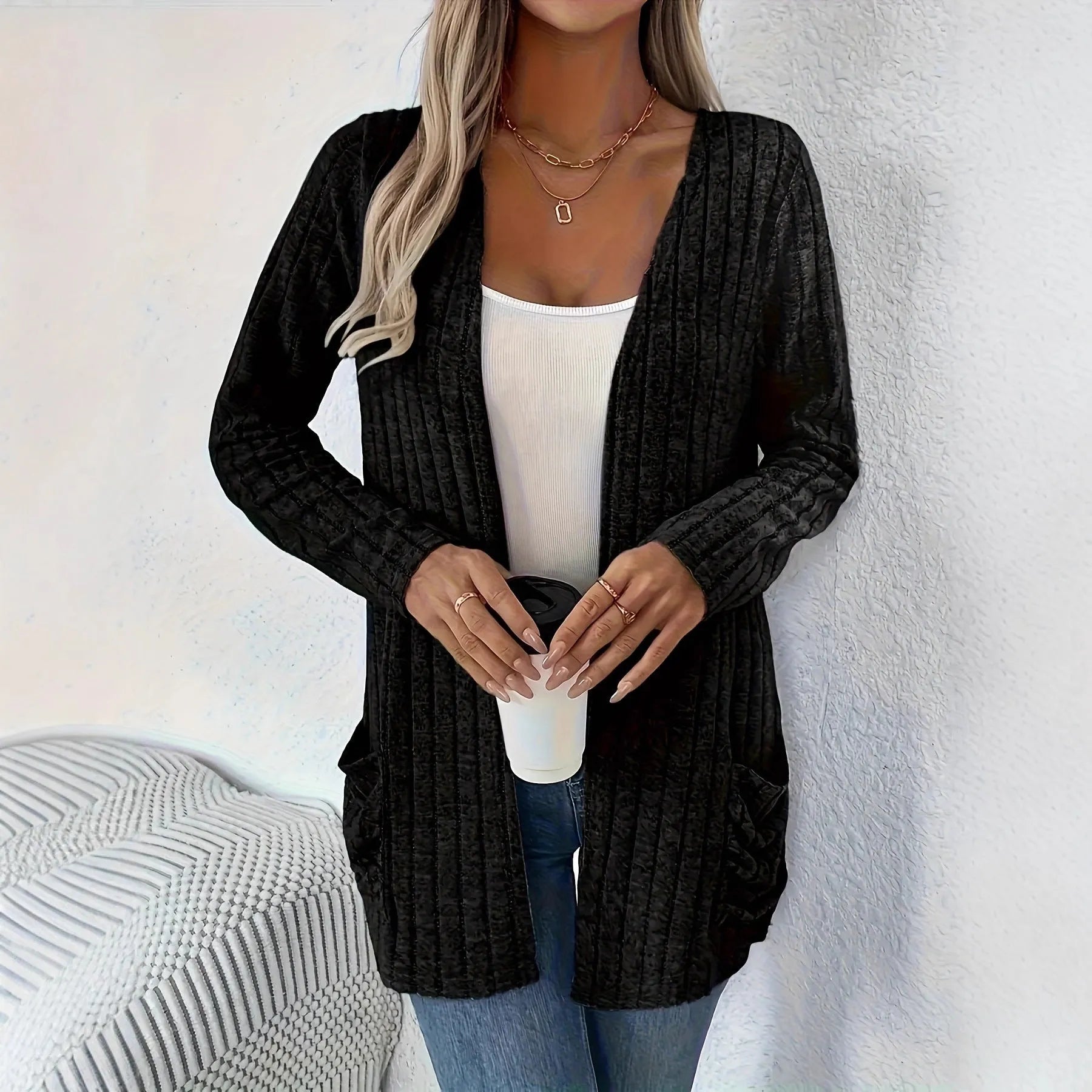 Solid colour long sleeve loose fit cardigan in black or grandmother grey colours